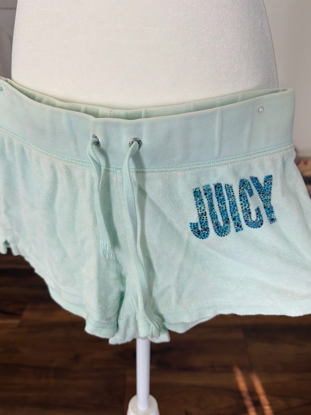 Juicy Couture Mint Green Terry Drawstring Shorts with Blue Rhinestone Logo
